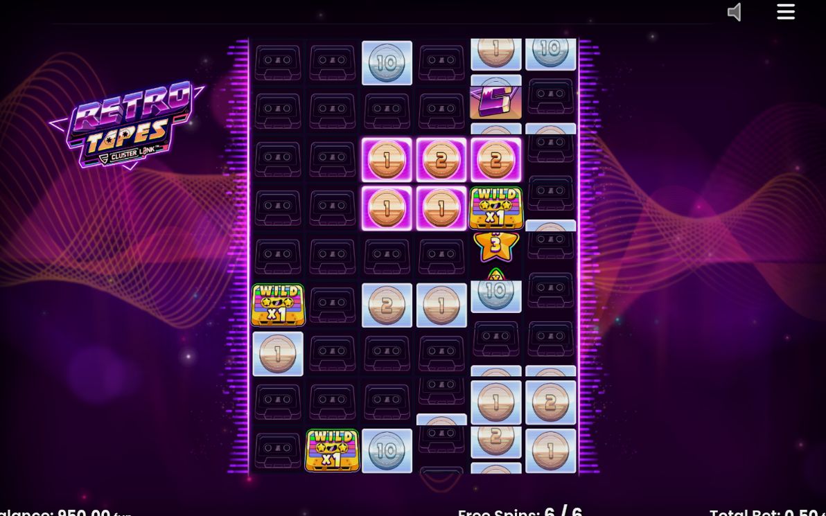 Free Spins-läget i Retro Tapes, med kassettsymboler på spelplanen